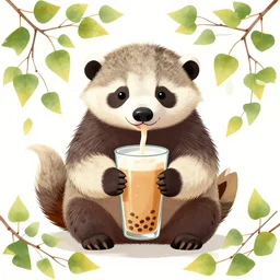 a happy anteater, holding a boba milky oolong tea, surrounded by aspen leaves and aspen branches. symmetrical, rule of thirds | digital art