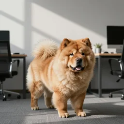 a photo of a chow chow working at an office