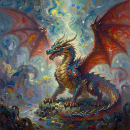 Dragon phantasmagoria, beautiful colors, by Greg Rutkowski, oil painting, detailed, beautiful composition, vibrant colors, artstation, fantasy