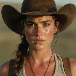 a film still kyle jenner as lara croft as cowgirl, her face flushing and sweat, direct sun light, close up potrait, cinematic,