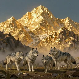 wolves and their treasures - golden mountains - dramatic lighting, trending on artstation, highly detailed render by studio ghibli