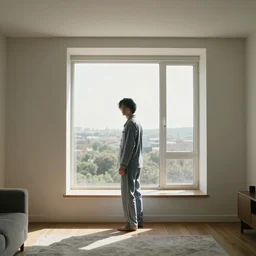 person in pyjamas standing near window, turned back to camera, cinematographic, sun rays, daylight, big french door window with windowsill, walls to the left and right, carpet at the floor, furnished room, person at the center, wooden floor, modern, photorealistic, high ceiling