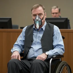 walter white with no beard, wearing a clear plastic oxygen mask, sitting in a wheelchair in a courtroom.