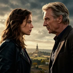 side view of miranda otto facing liam neeson, action / fantasy movie poster