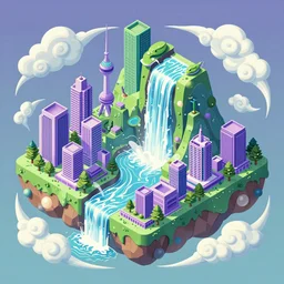 isometric snake oil cityscapes islands, green and purple big waterfall, in the ornate snakelike swirled clouds, by krynski and Jeehyun lee