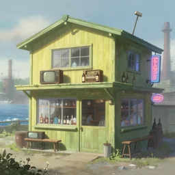 concept art of a wooden decorated liquor store on the coast, a very misty day, industrial surrounding, painted pale yellow and green, old tv and radio hardware, a neon sign, by ian mcque ferdinand knab, makoto shinkai and, artgerm, pixar, ilya kuvshinov,, tom bagshaw, global illumination