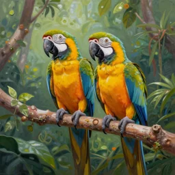 a beautiful painting of two macaws sitting next to each other on a branch in the jungle, art by greg rutkowski