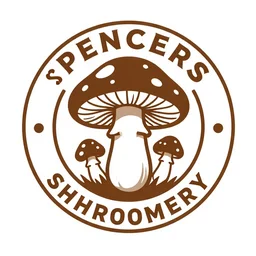 Spencers Shroomery logo. Mushroom theme retro styling, circular design, by ivan chermayeff