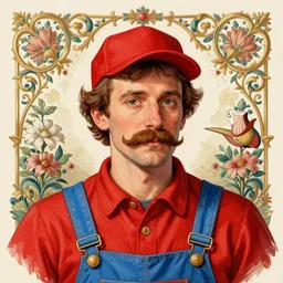 a portrait of a man with a mustache wearing a red shirt, blue overalls, and a red cap, art by peter mohrbacher, digital illustration, ornate details,
