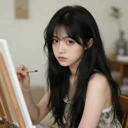 cute emo girl with long black hair and brown eyes wearing a dress, painting, realistic, high definition