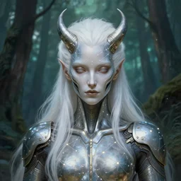 cyberpunk viking with white hai, face, sci - fi, metal skin, constellation geometry,, forest background, elegant, highly detailed, digital painting, artstation, concept art, smooth, sharp focus, spiritual art, art by artgerm and greg rutkowski and alphonse mucha, psychedelic, illustration,
