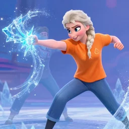 elsa wearing an orange t - shirt and jeans, using her ice powers in an intense fight scene, john j park, greg rutkowski, disney