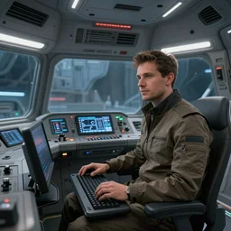 luca arrigo inside his spaceship named carrack from star citizen, photography