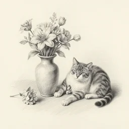 a cat and a fallen vase of flowers, pencil drawing,