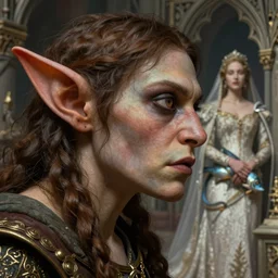closeup profile medieval nicoletta ceccoli, mark ryden, lostfish, hyung tae, frank frazetta, face portrait of medieval goblin and cara delevigne marriage portrait, depth of field, detailed and intricate gothic environment, 8 k resolution, hyperrealistic, octane render