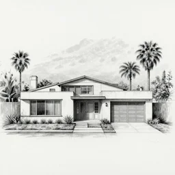 Front elevation of a modern house, los angeles, palm trees, graphite on sketch paper