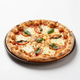 wrought iron pizza margherita, studio product photography, isolated on a pure white background, centered, entire object in frame, sharp focus, soft studio lighting