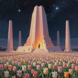 a beautiful painting of a large alien shrine in a field of pastel colored tulip flowers by moebius, underneath a star filled night sky, harold newton, zdzislaw beksinski, donato giancola, warm coloured, gigantic pillars and flowers, maschinen krieger, beeple, star trek, star wars, ilm, atmospheric perspective