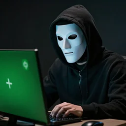 realistic photo of hacker in anonymous mask, dark background, hood, computer, green screen, extremely detailed, sharp focus, masterpiece,