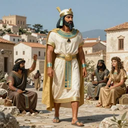 phoenician king, full body, full shot, mediterranean village background, highly detailed, digital painting, artstation, concept art, sharp focus, illustration, orientalism, art by artgerm and greg rutkowski and raphael lacoste and magali villeneuve