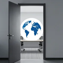 Office Table as door to the World, Logo in a white circle, digital art