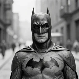old black and white photo portrait, 1 9 2 5, close - up portrait depicting batman standing proudly in alley of new york city, rule of thirds, historical record