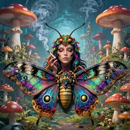A centered chest up portrait of a psychedelic godlike atlas mothman smoking a hand-rolled cigarette smoking heavily , magic mushroom village in background , award winning. superb resolution. in the art style of junji Ito and greg rutkowski . Detailed Mushroom city in background. Hyper realistic anime. Perfect art. Dalle2