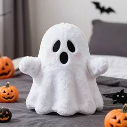 photograph of a spooky ghost plushy on a bed, fluffy plush, halloween themed, vibrant color photo