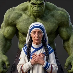 mother theresea with hulk's body, realistic artstyle, wide shot, dramatic lighting, octane render, hyperrealistic, high quality, highly detailed, HD, beautiful, cinematic, 8k, unreal engine, facial accuracy, symmetrical