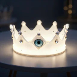 a glowing crown sitting on a table with one beautiful eye mounted on it like a jewel, night time, vast cosmos, fractal light rays, bold black lines, flat colors, minimal psychedelic 1 9 7 0 s poster illustration