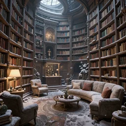 library on a snowy day, unreal engine, global illumination, detailed and intricate environment, mysterious, comfort, in the style of aetherpunk
