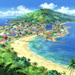 Fantasy tropical port town ground view of the beach. hidari, color page, tankoban, 4K, tone mapping, Akihiko Yoshida.