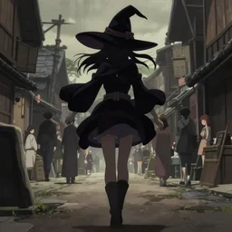 key anime visual portrait of a young female witch walking through a busy fantasy village, ilya kuvshinov, dynamic pose, dynamic perspective, cinematic, dramatic lighting, muted colors, detailed silhouette, textured, anime proportions, kyoto animation, haibane renmei, niea under 7, yoh yoshinari