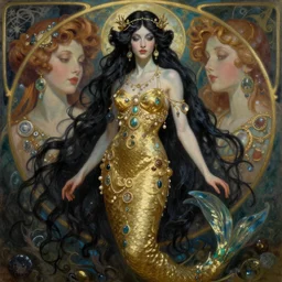 a beautiful dark androgynous mermaid, pinup pose, long hair, tall and thin, wearing dozens of pendants and a gown of gold, small delicate crown of the sea on her head, illustration, dramatic lighting, soft details, painting oil on canvas, (art nouveau), octane render, HDR, 4k, 8k, HD, by Brom, Charlie Bowater, (j.c. Leyendecker), faces by otto schmidt