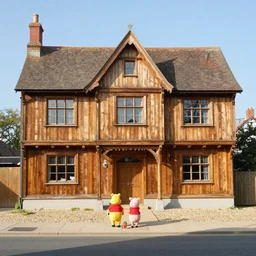 winnie the pooh and Piglet visit a Norwich, Norfolk, buildings made from wood, photorealistic