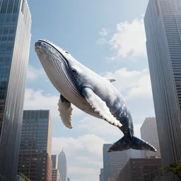an enormous, monstrous, white whale flying through the sky in new york, photographed between skyscrapers