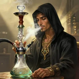 hooded man smoking glass waterpipe, rays of light, beautiful portrait by marc adamus and loish, intricate, elegant, highly detailed, digital painting, artstation, concept art, smooth, sharp focus, illustration, art by artgerm, 8 k illustration in the style of gta poster art