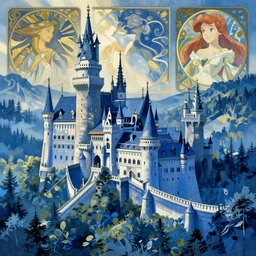 fairy tale fantasy land, bled castle in slovenia, blue color scheme, ariel view, by alphonse mucha and hayao miyazaki