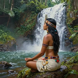 a realistic painting of a female incan priest meditating near a waterfall in the amazon jungle, gazing at the water, highly detailed, art by christophe vacher
