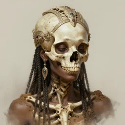 stunning african goddess of skull portrait, bones, skull, dirt, fantasy, intricate, elegant, highly detailed, digital painting, artstation, concept art, smooth, sharp focus, illustration, art by afshar petros and krenz cushart and artem demura
