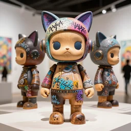 8 k octan, advertising, highly detailed, photo, a totally wooden figurine collectible art toys wooden on feet, funny very cute fashion cyborg zen with cat ears, graffiti colored, cyberpunk, a contemporary art gallery, symetrical, masterpiece of art, nofinito, design showroom, dealership, indoor display, convention, exhibition