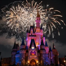 Dracula\'s Castle inside Disney World at night, sky with fabulous fireworks, ultra realistic, dramatic light, 4k