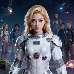 studio portrait of an absurdly beautiful japanese female goddess with blonde hair and glowing royal blue eyes in luxurious space suit in a scenic multiversal environment by james jean, amano yoshitaka, marc simonetti, jean giraud, martine johanna, josan gonzalez, smooth, sharp focus, octane render