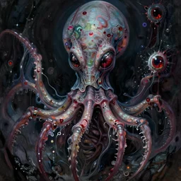Haunting horrifying detailed painting of a tall skinny extraterrestrial squid monster made of gelatinous fluid, floating teeth and bloodshot eyeballs, hyper detailed, trending on Artstation