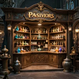 fantasy realm potion shop, prop design , cinematic lighting ,dragon design language, complimentary color scheme, realistic, w-1024 , - n 4