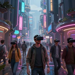 an intricate detail of a city street in the metaverse with people with vr headsets, highly detailed, cinematic lighting, volumetric lighting, neon color palette, Artstation, concept art, hyper realistic, cgsociety