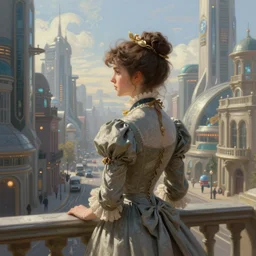 portrait of a victorian lady in a futuristic city, from behind, streets, beautiful!!!!!!!!!!!!, fully open sky, side buildings, highly detailed, digital painting