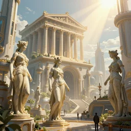 an futuristic solarpunk city with aphrodite statues with a giant greek temple and bright sun rays 8 k highly detailed hyperornate by marc simonetti and caspar david friedrich, trending on artstation