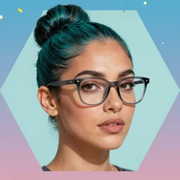 portrait of beautiful dominican woman with dark turquoise hair with black roots in a bun, prominent brow, grey frame glasses, confetti in the sky on a hexagon shape, art by j scott campbell, vfx, sharp details