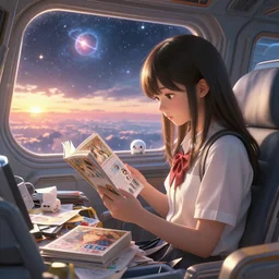 student a girl reading a cluttered capsule inside a futuristic spacecraft with views of the universe, kawaii, chris moore, trending on artstation hidari, color page, tankoban, tone mapping, sunset, akihiko yoshida & peter mohrbacher & greg rutkowski & artgerm & alphonse mucha, rim light, exquisite lighting, photorealistic, artstation, smooth sharp focus, illustration, unreal engine 5, 8 k